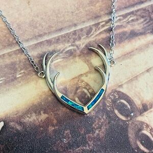 Silver Deer Antler Womens Necklace Blue Lab Opal Jewelry Antlers Hunter Pendant